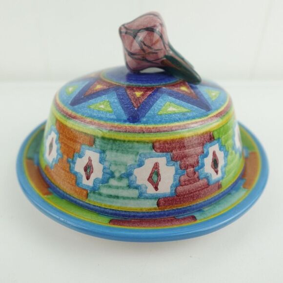 Mexican Colorful Pottery Art Covered Butter Cheese Dish Signed By The Artist - Picture 3 of 12